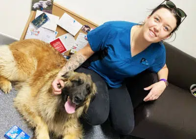 vet nurse with happy dog
