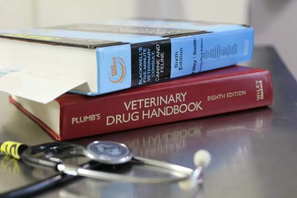 Veterinary emergency learning curve textbooks and stethoscope on table